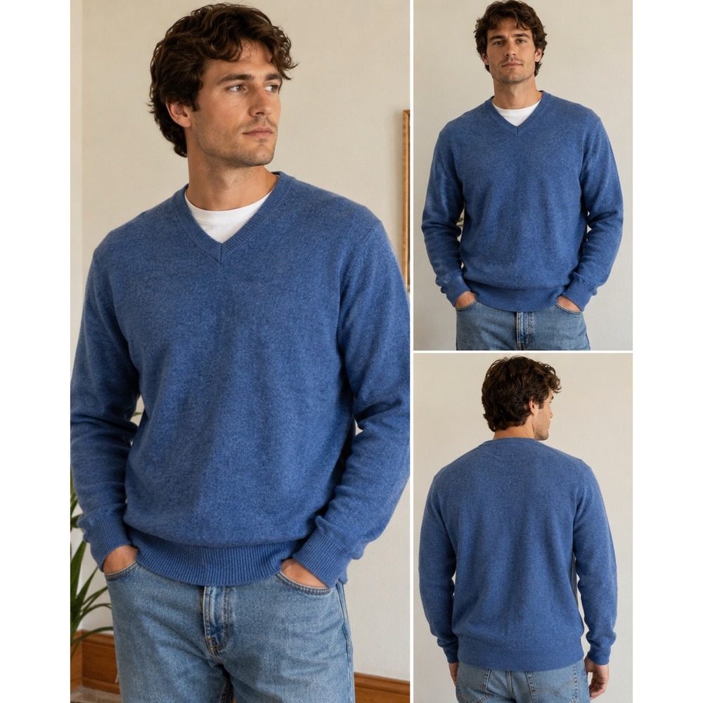 Club Room Mens Large 100% Lambswool V Neck Sweater Blue Long Sleeve Soft Knit‎